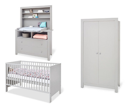 Graues Kinderzimmer-Set mit Kinderbett, Wickeltisch und Schrank.