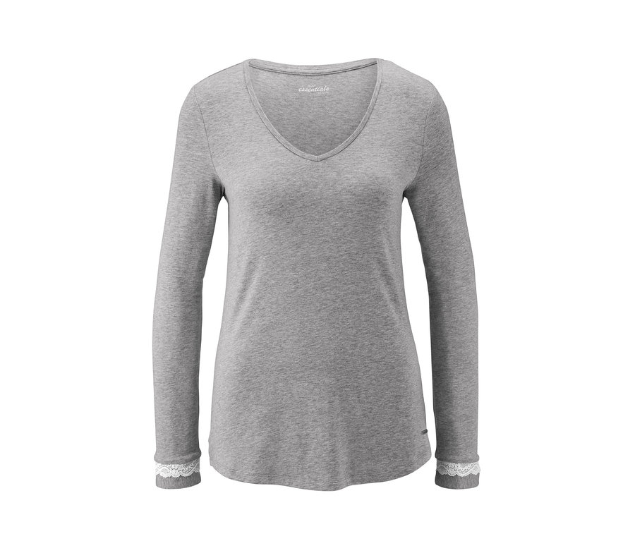 Grauer Pyjama mit langen Ärmeln und Spitze an den Manschetten.