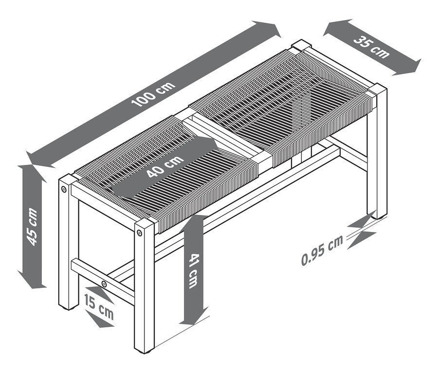 Illustration einer Bank »Lenja« mit Textilgeflecht und hervorgehobenen Abmessungen.
