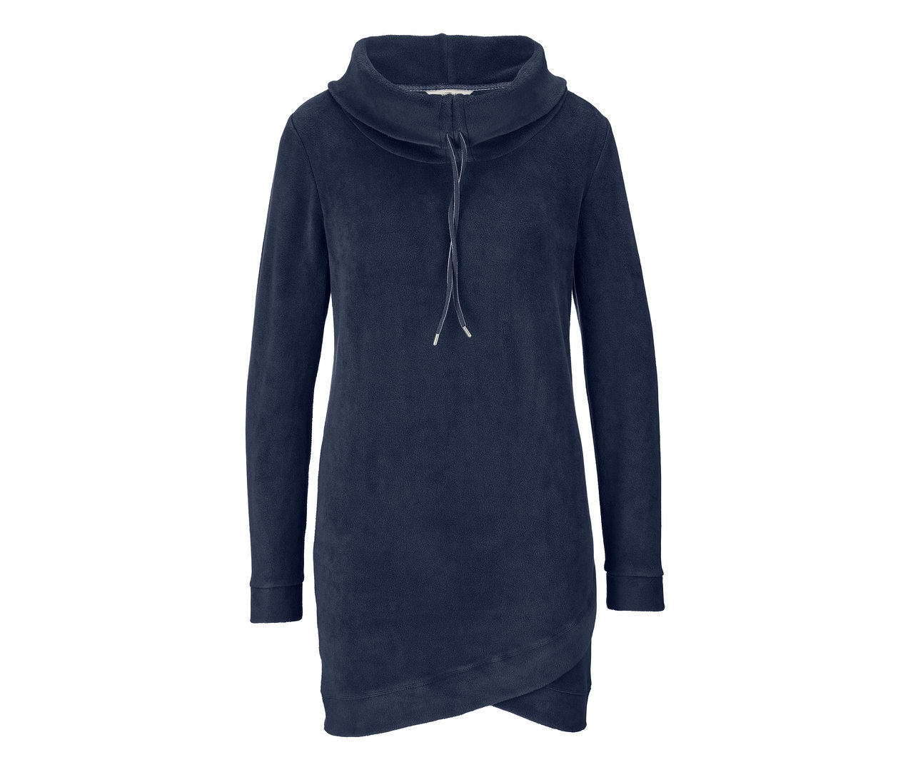 Blaues Fleecesweatshirt mit langen Ärmeln.