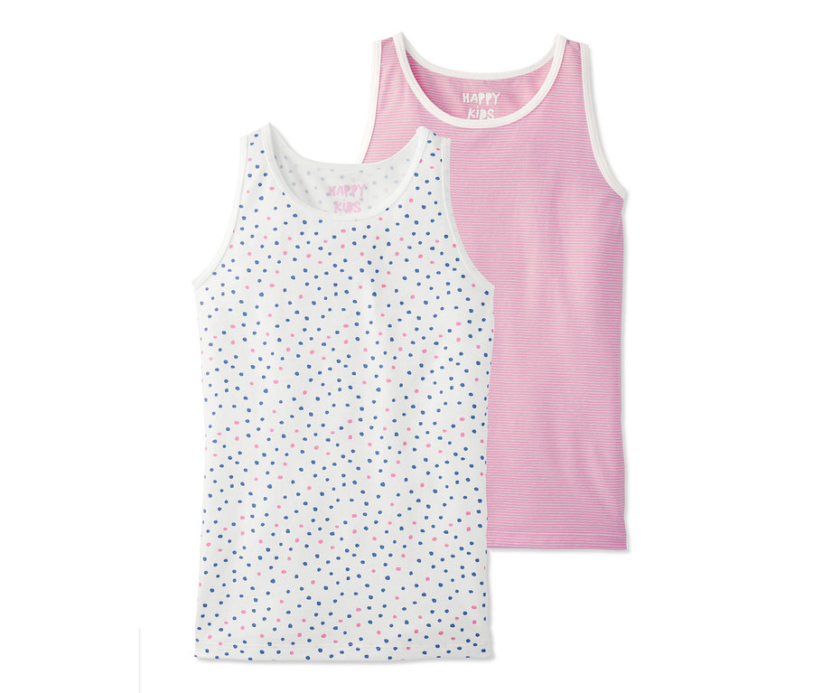 Zwei Unterhemden: Eines weiß mit rosa und blauen Punkten, das andere rosa gestreift.