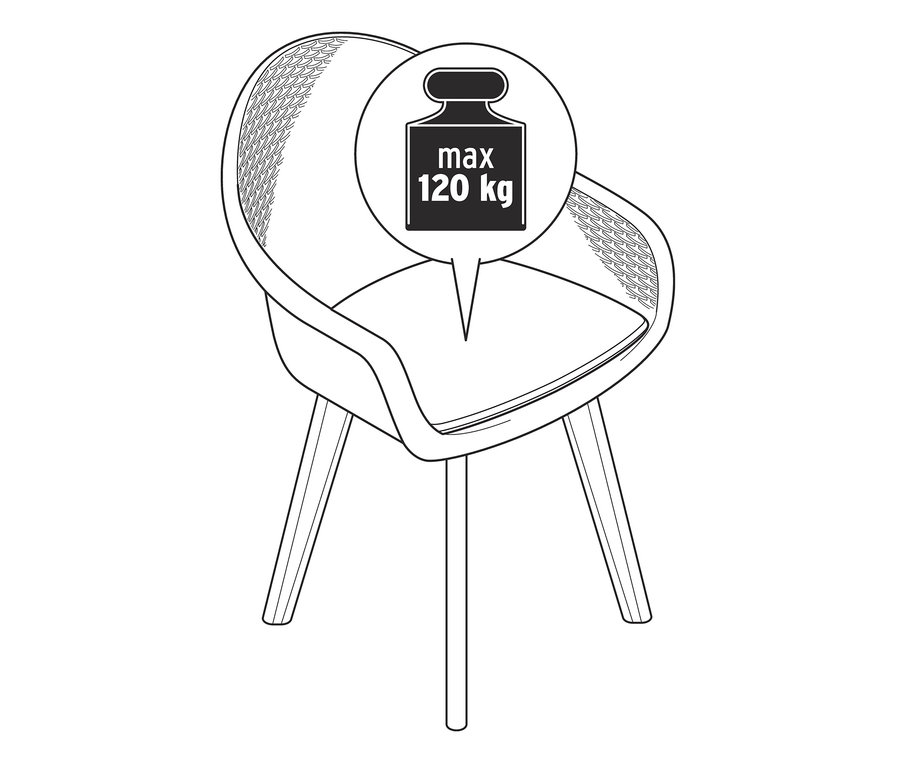 Illustration eines Schalenstuhls mit Polyrattangeflecht und einer maximalen Belastbarkeit von 120 kg.
