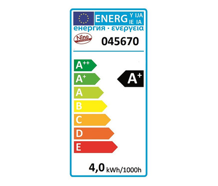 Energielabel mit Verbrauchsklassen von A++ bis E und Angabe 4,0 kWh/1000h.