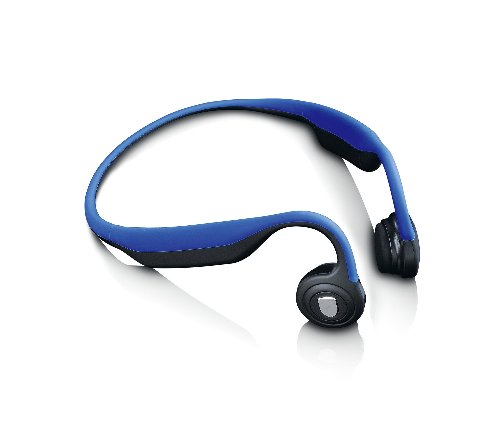 Blaue Knochenleitungskopfhörer auf weißem Hintergrund. Lenco-Bluetooth®-Kopfhörer mit Knochenleitung