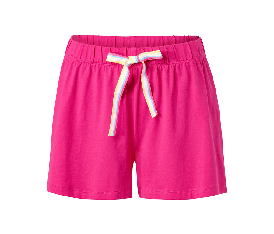 Nahaufnahme von pinken Jersey-Shorts mit Kordelzug.