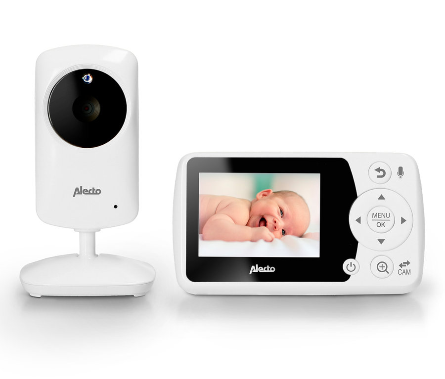 Ein weißes Alecto-Babyphone mit Farbdisplay zeigt ein lächelndes Baby.