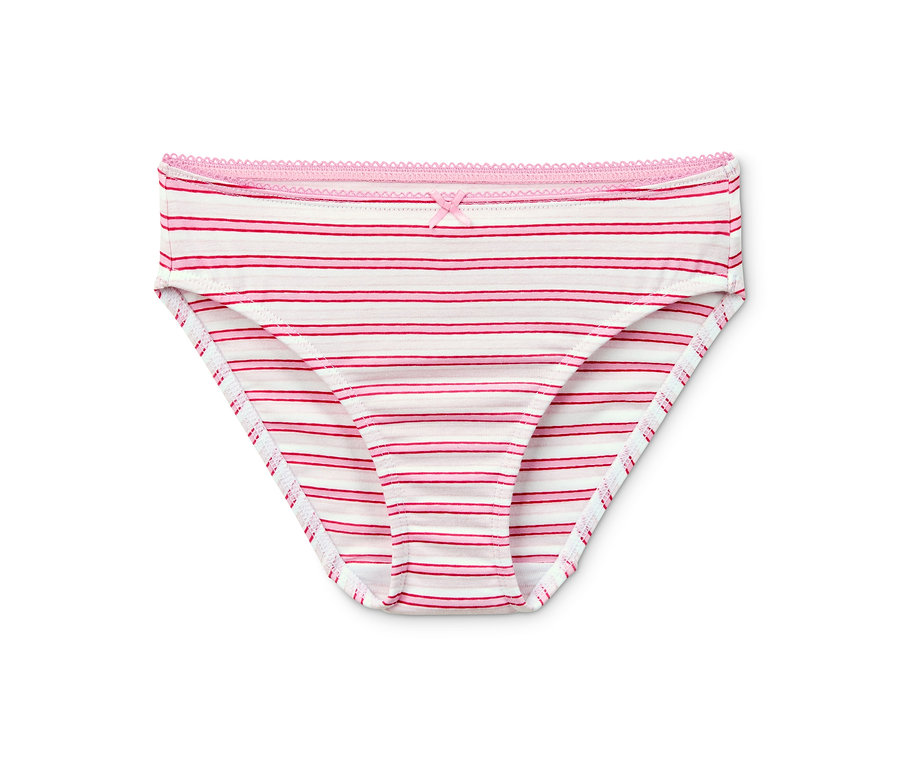 Einzelner Mädchen-Slip aus Bio-Baumwolle mit sieben rosa und weißen Streifen.