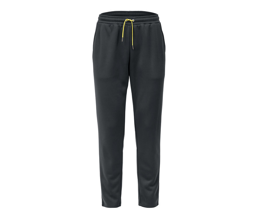 Eine schwarze Trainingshose mit gelbem Kordelzug.