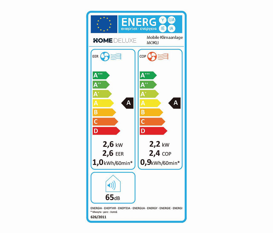 Energielabel der Home-Deluxe-Mobile-Klimaanlage »MOKLI XL« mit Energieeffizienzklassen von A+++ bis D.