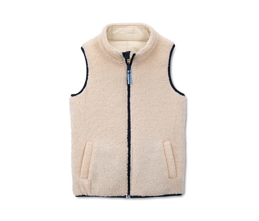 Beige Wendesteppweste, recycelt, mit Reißverschluss und Taschen.