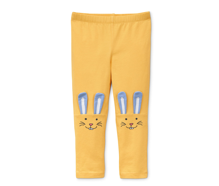 Gelbe Leggings mit Hasenohren- und Gesicht-Applikationen auf den Knien, 2 Stück.