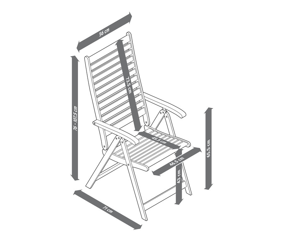 Eine Illustration eines Teak-Hochlehners mit verstellbarer Rückenlehne und Abmessungen.