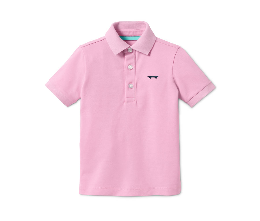 Rosa Poloshirt mit kurzen Ärmeln und dunkelblauem Skateboard-Logo.