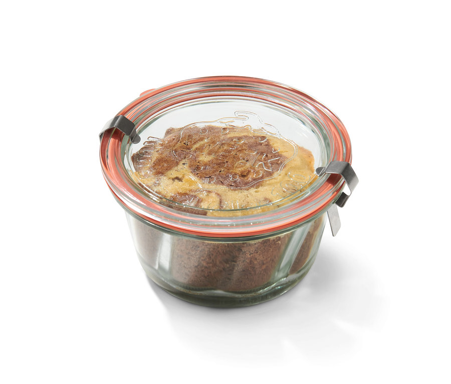 Einmachglas mit Inhalt und orangefarbener Dichtung, 6 Gugelhupf-Einmachgläser