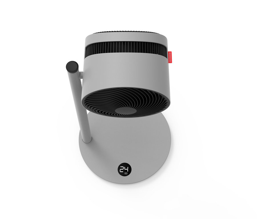 Grauer Boneco Air-Shower-Standventilator »F225« vor weißem Hintergrund.
