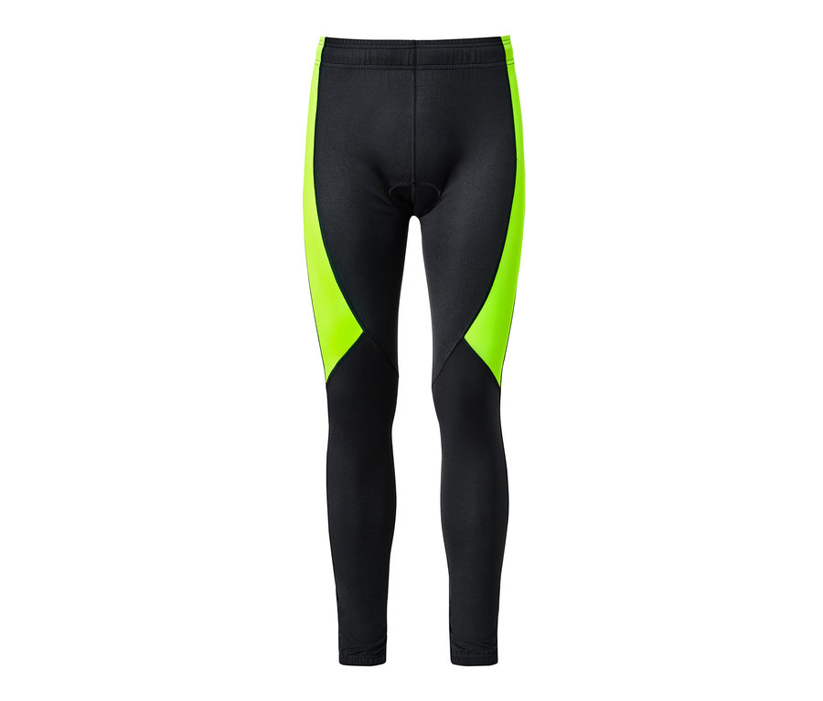 Schwarze Velohose mit neongrünen Seitenteilen.