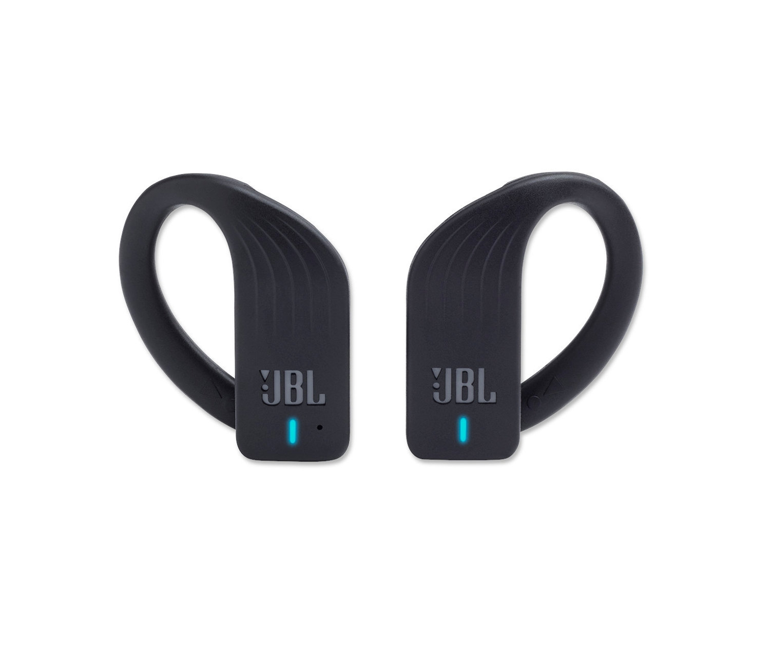 Zwei schwarze JBL »Endurance Peak« wasserdichte TWS-Sport-Kopfhörer vor weißem Hintergrund.