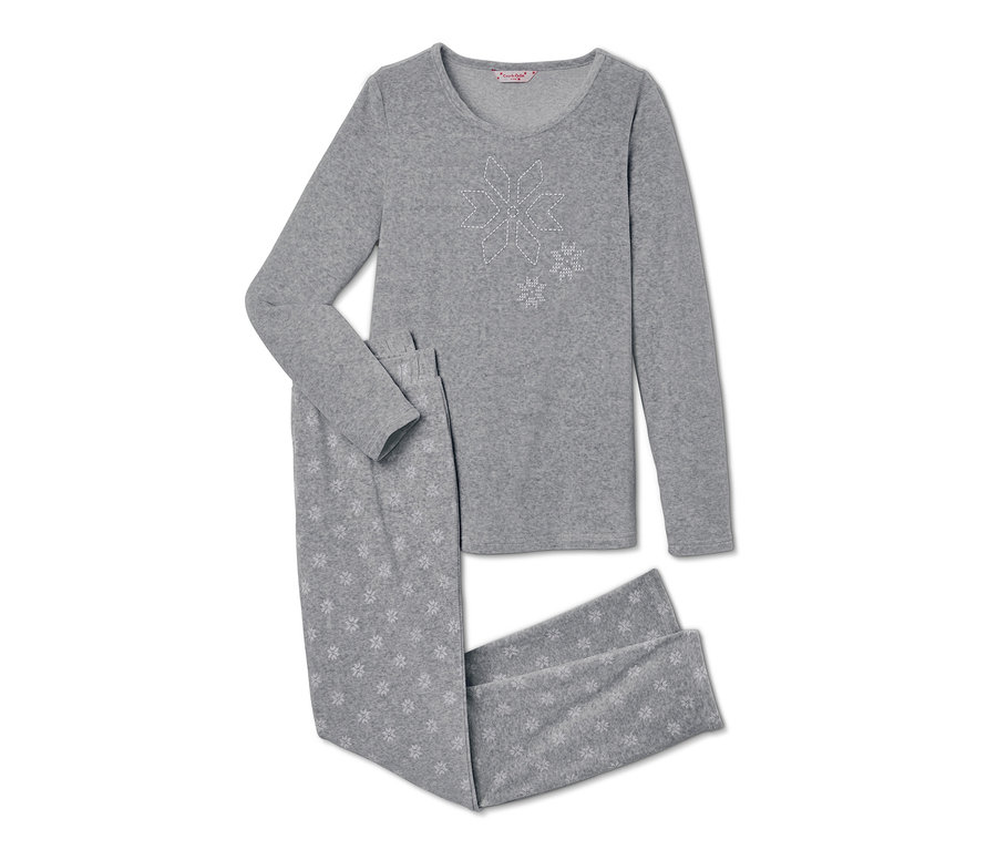 Grauer Nicki-Pyjama mit langen Ärmeln und Schneeflockenmuster.
