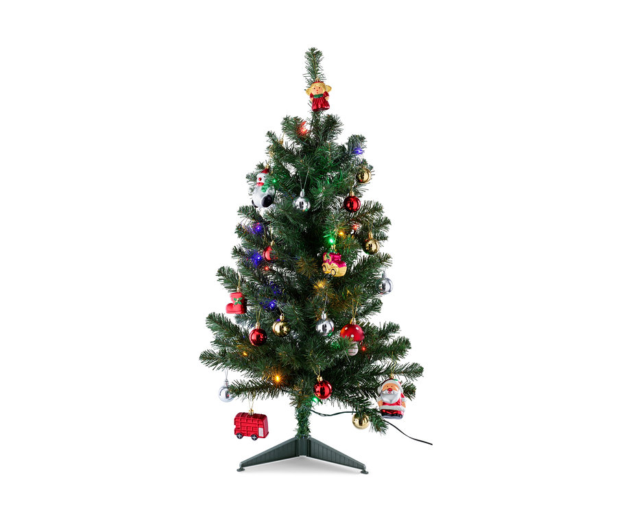 Ein geschmückter LED-Weihnachtsbaum mit Lichtern und Ornamenten.