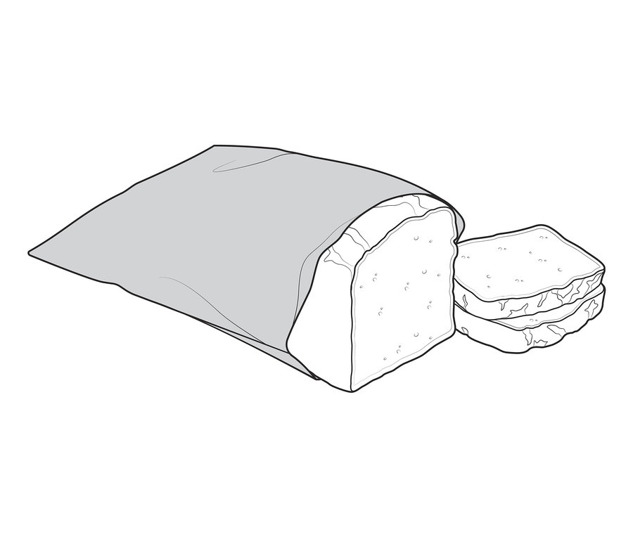 Illustration eines Brotlaibs in einem Bienenwachs-Brotbeutel, mit zwei Brotscheiben daneben.