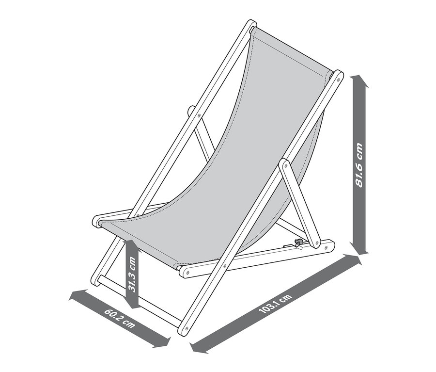 Illustration eines Klappliegestuhls mit Maßangaben.