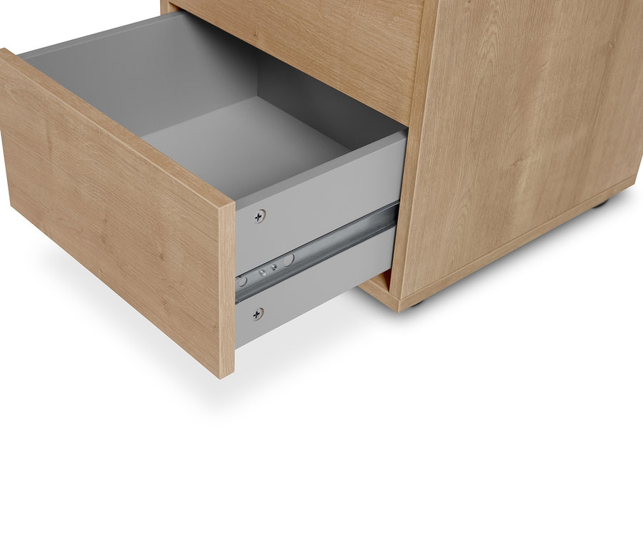 Detailaufnahme eines Regalmoduls »Flemming«, ca. 37,5 x 37,5 cm, mit geöffneter Schublade, Eichendekor.