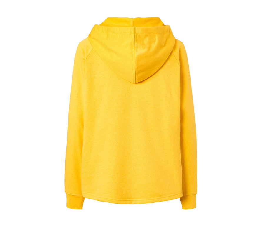 Rückansicht eines gelben Kapuzensweatshirts.