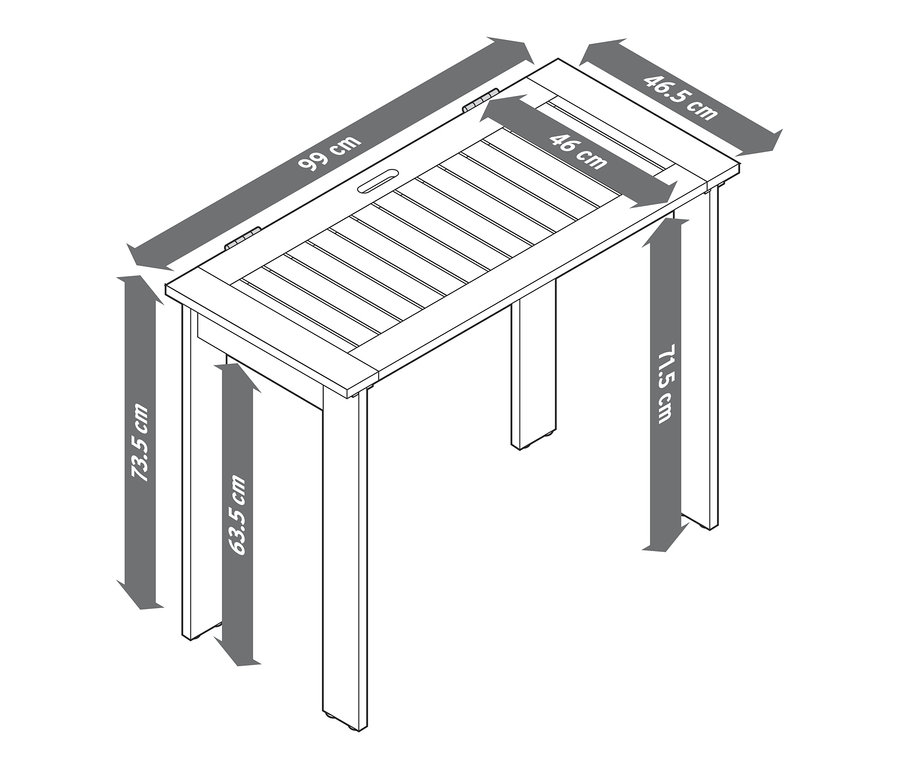 Illustration von Gartentisch »Leira«, klappbar mit Abmessungen.