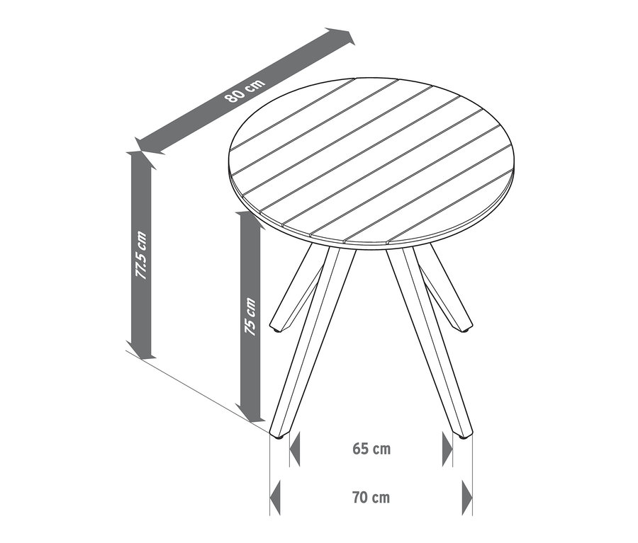 Abmessungen des runden Gartentisches: 80 cm Durchmesser, 77,5 cm Höhe, 75 cm Beinhöhe, 65-70 cm Beinbreite.