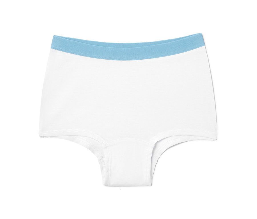 Weiße Mädchen-Pantys mit blauem Bund.