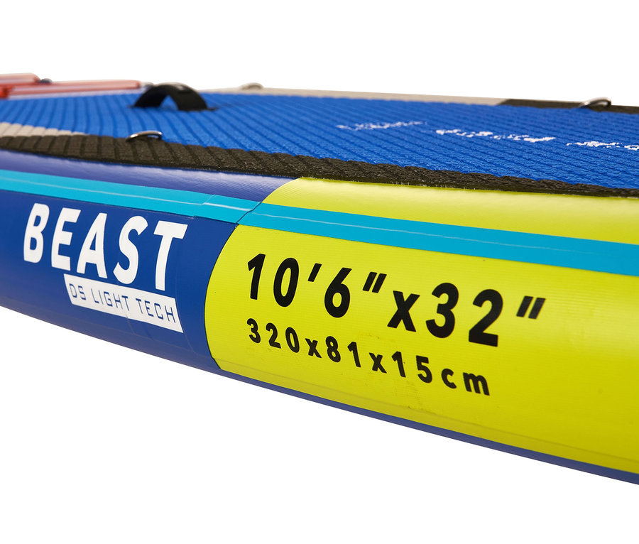 Detailaufnahme eines aufgeblasenen SUP-Boards »Beast« in Blau, Weiß und Gelb.