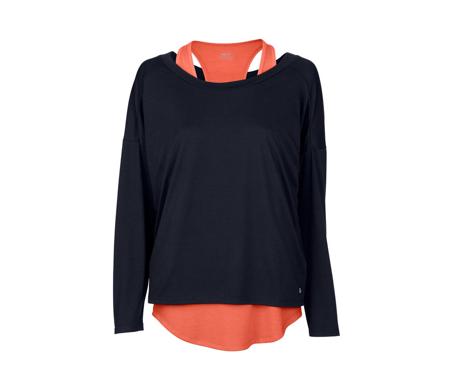 Marineblaues und orangefarbenes 2-in-1-Sportshirt.