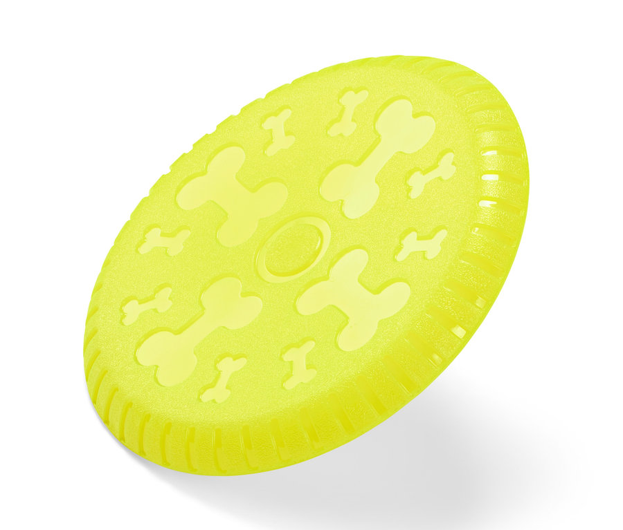 Gelbe Hunde-Wurfscheibe mit Knochenaufdruck.