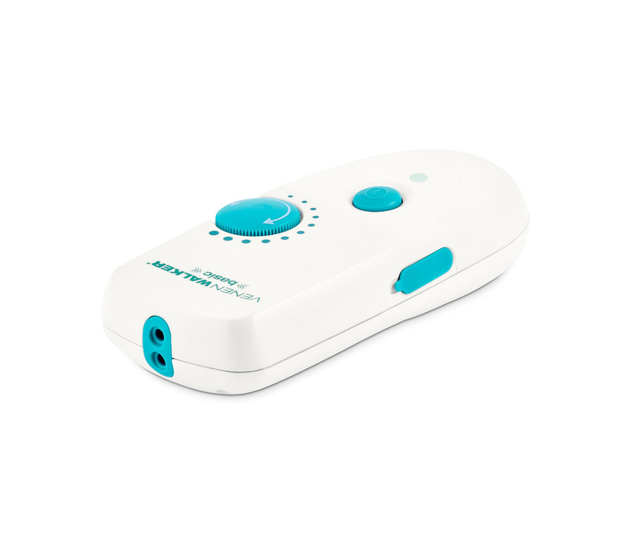 Nahaufnahme des weißen VITALmaxx VenenWalker Basic Therapiegeräts mit blauen Bedienelementen.