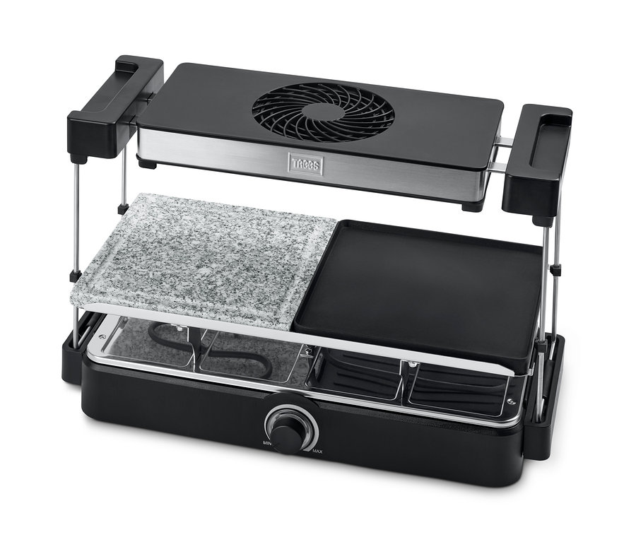 Detailansicht eines Trebs Raclette-Grills mit Dunstabzug und Steinplatte »15100«.