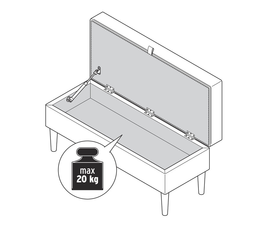 Geöffnete Polsterbank mit Truhenfunktion.