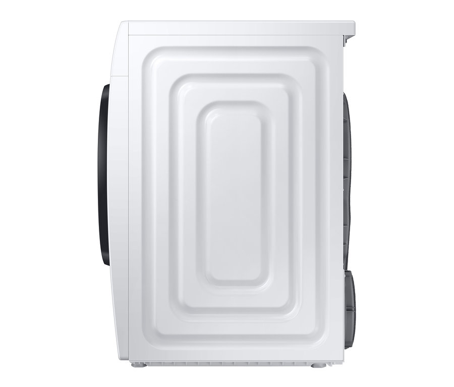 Seitenansicht eines weißen Wäschetrockners. Zu sehen ist der Samsung-Wärmepumpentrockner »DV91TA040AE/EG«.
