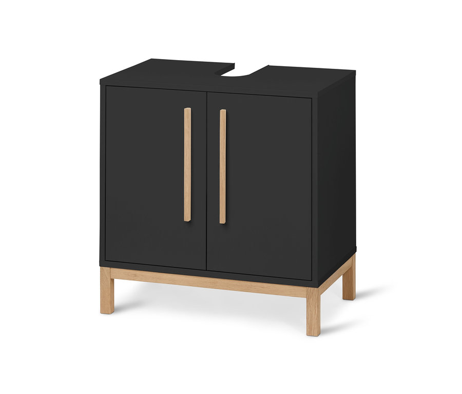 Ein anthrazitfarbener Waschbeckenunterschrank »Eklund« mit zwei Türen und hellen Füßen.