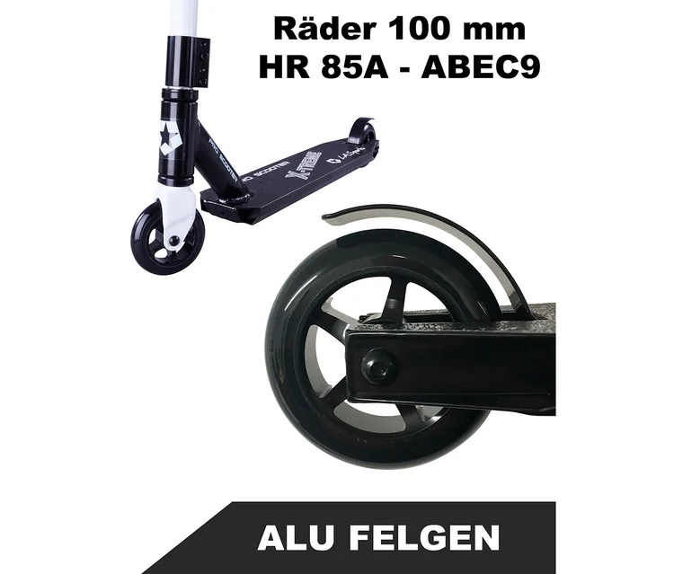 Detailaufnahme eines schwarzen L.A. Sports Alu-Stuntscooters »Pro Rage« mit weißen Akzenten.