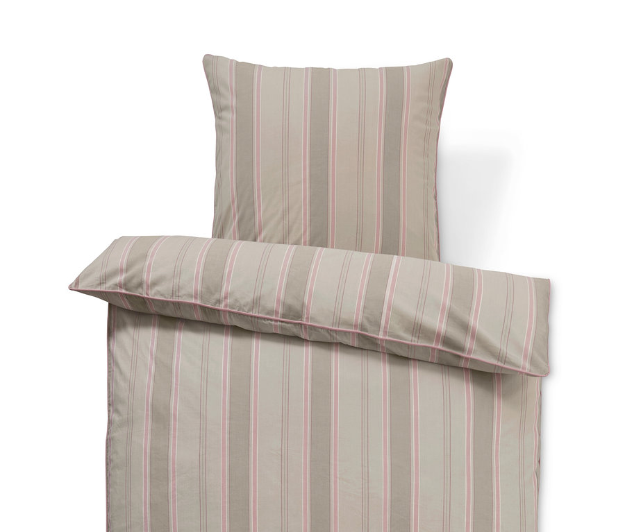 Draufsicht auf Premium-Baumwoll-Bettwäsche in Normalgröße mit rosa- und beigefarbenen Streifen.