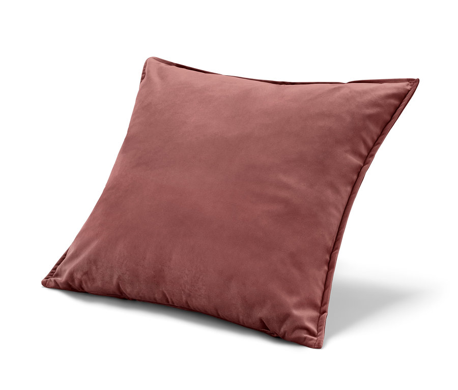 Quadratischer Samt-Dekokissen-Bezug in Altrosa auf weißem Hintergrund.
