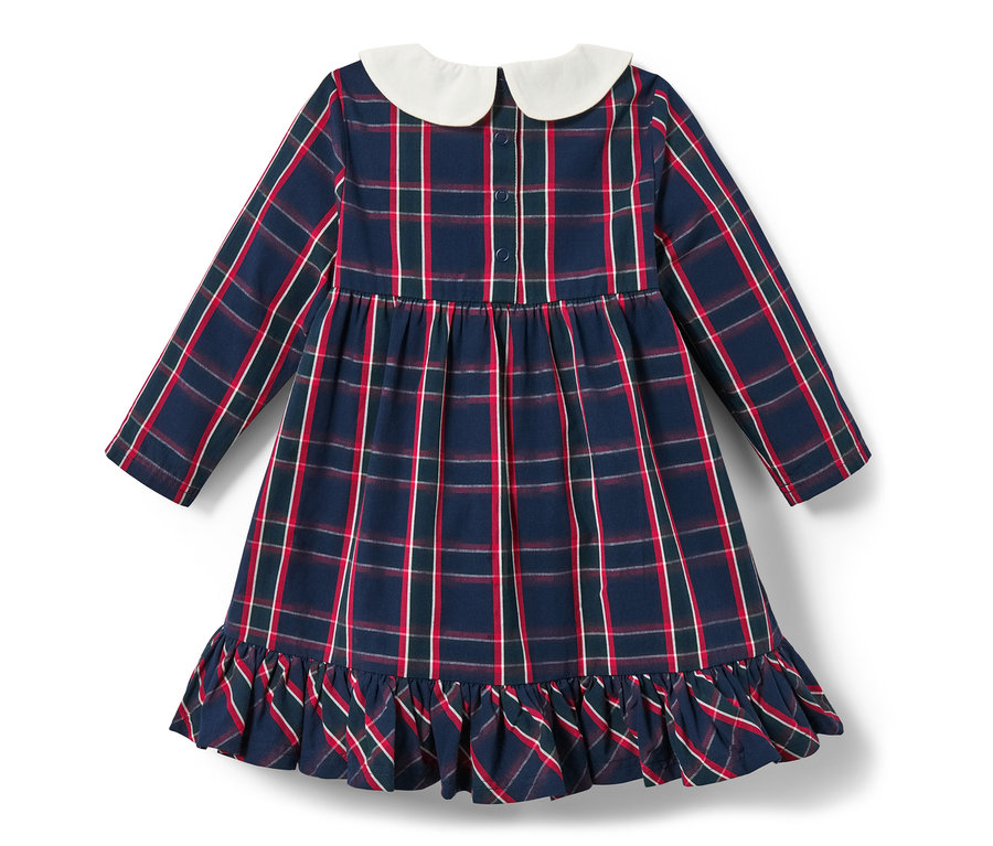 Blau kariertes Baby-Webkleid mit langen Ärmeln und weißem Kragen.