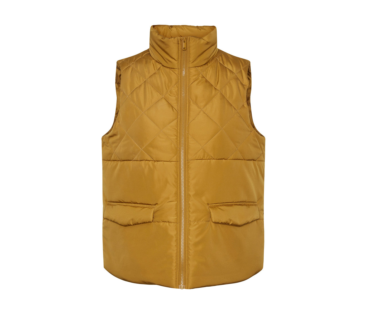 Gelbe Steppweste mit Reißverschluss vorne und Taschen.