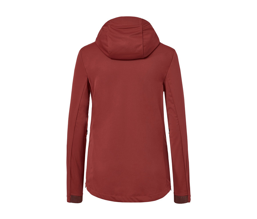 Eine bordeauxrote Lightweight-Softshelljacke von hinten.