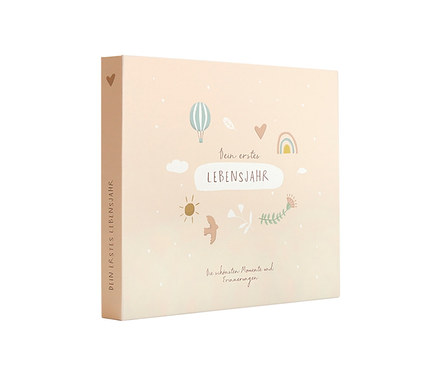 Geschlossenes Erinnerungsbuch "Dein erstes Lebensjahr" mit Illustrationen von Ballon, Regenbogen, Sonne und Vogel.