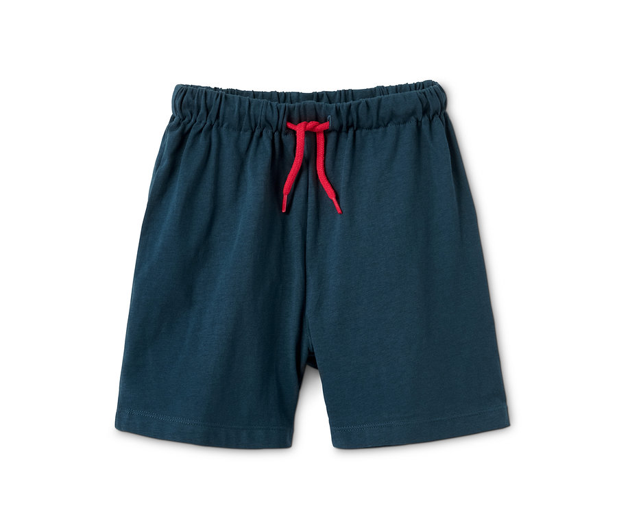 Dunkelblaue Shorty-Pyjama aus Bio-Baumwolle mit rotem Kordelzug.