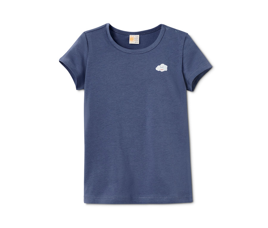 Blaues T-Shirt aus Bio-Baumwolle mit kurzem Ärmel und Wolken-Aufdruck.