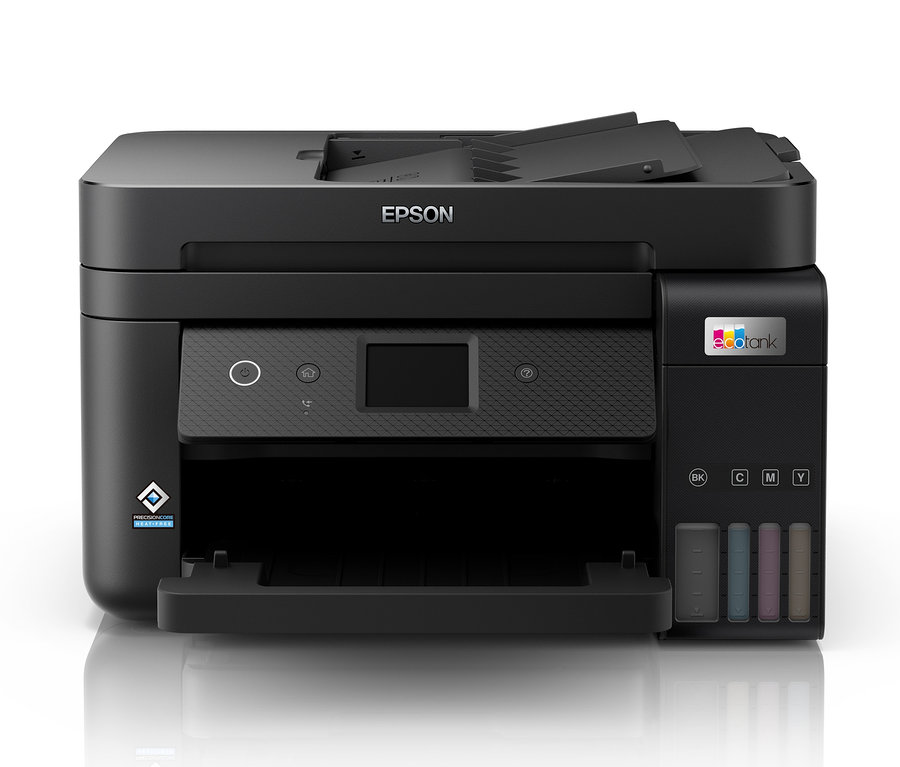 Ein schwarzer Epson Multifunktionsdrucker EcoTank ET-4850 von vorn vor einem weißen Hintergrund.