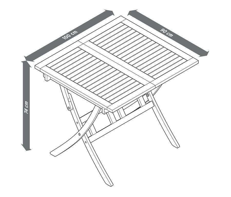 Illustration eines zusammenklappbaren Ausziehtisches »Lenja« mit den Maßen 100 cm x 90 cm und einer Höhe von 74 cm.