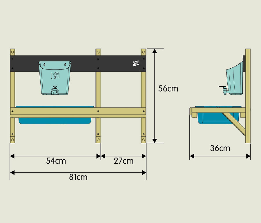 Abmessungen der Anbau-Holz-Kinderspielküche »Deluxe« von vorne und von der Seite.